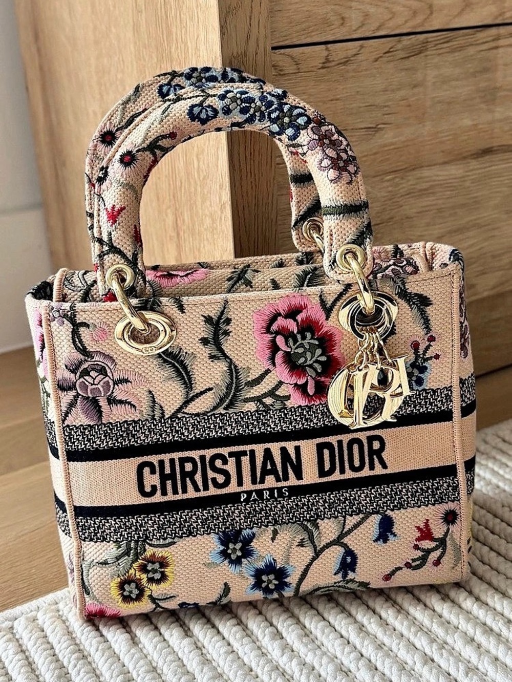 Christian Dior Lady Dior Floral Tote in Pink & Black Like New